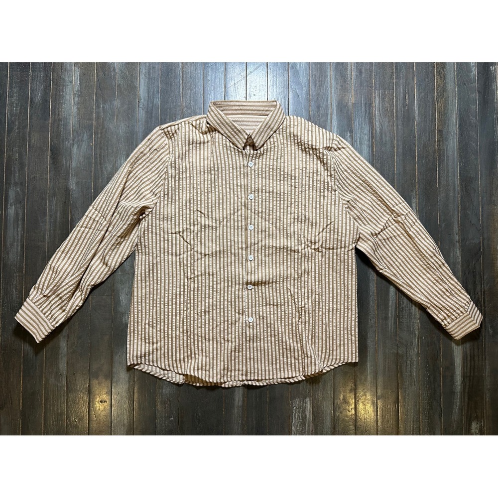 Tan White Striped Seersucker Button Down Shirt Long Sleeve Textured Top